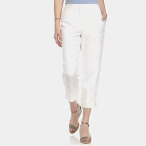 Ruby Rd. Linen Capri Pants Womens 16 White Elastic Waistband Pockets Beaded Hems